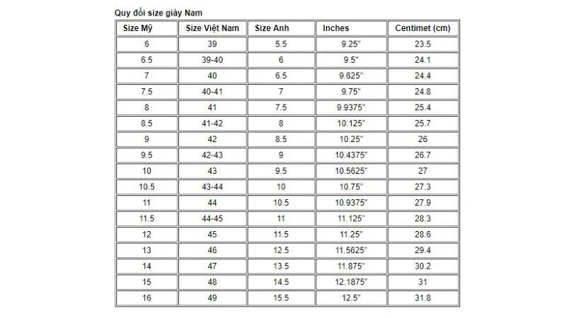 Men's shoe size chart