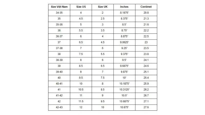 Women's shoe size chart